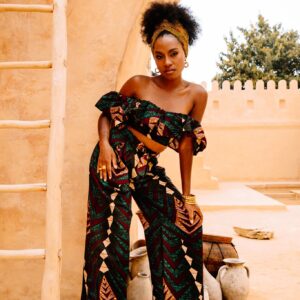 Adaora Wide leg Twin Set - Green Sangria African Ankara Wax Cotton Print